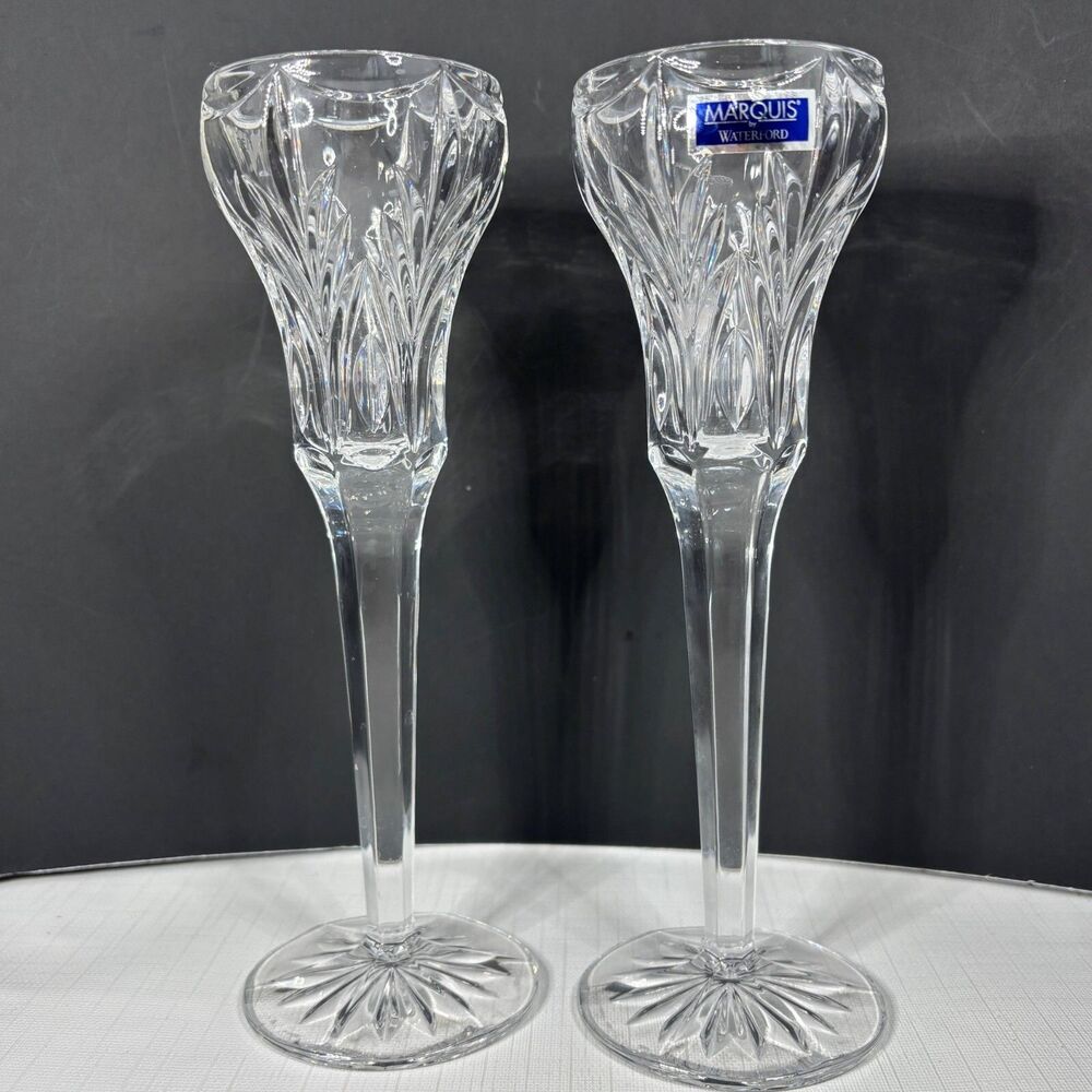 Vintage Waterford Canterbury Candlesticks Signed 90s Marquis Crystal Elegant